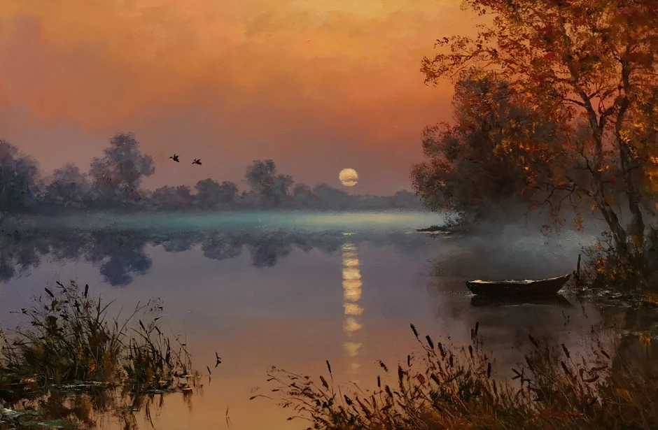 Bóna Jenő festőművész Alkonyi színek a Tisza-tónál I. 40x60 cm olajfestmény