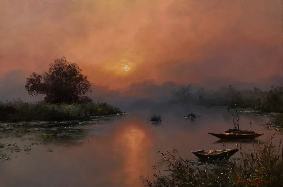 Bóna Jenő festőművész Alkonyi színek a Tisza-tónál II. 40x60 cm olajfestmény