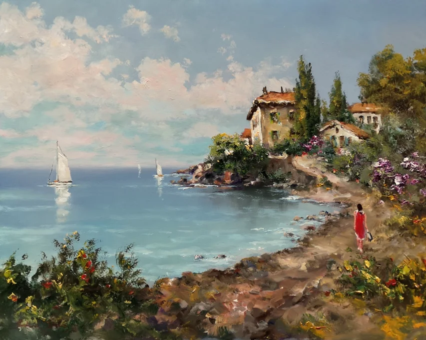 Bóna Jenő festőművész Mediterrán táj 40x50 cm olajfestmény