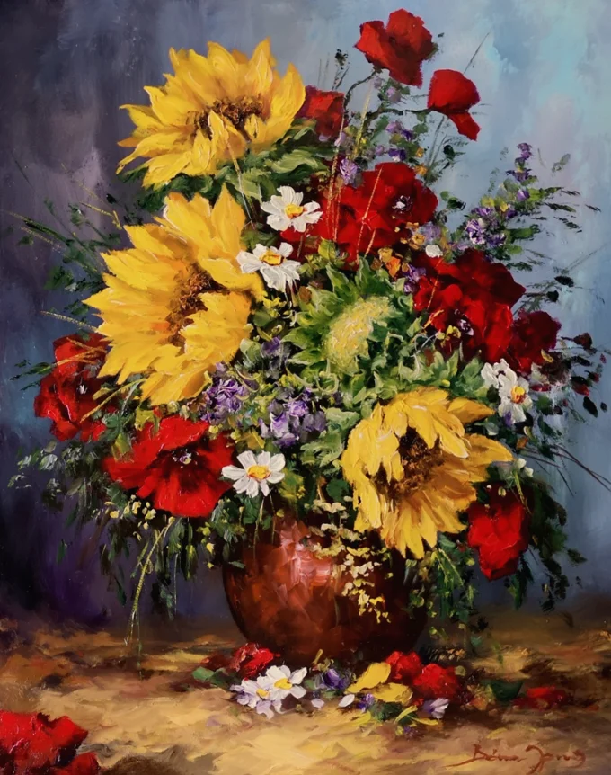 Bóna Jenő festőművész Mezei virágok tündöklő színei 50x40 cm olajfestmény