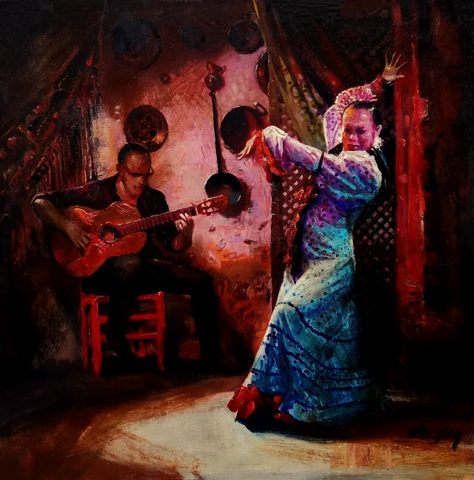 Alim Adilov festőművész Flamenco 50x50 cm olajfestmény