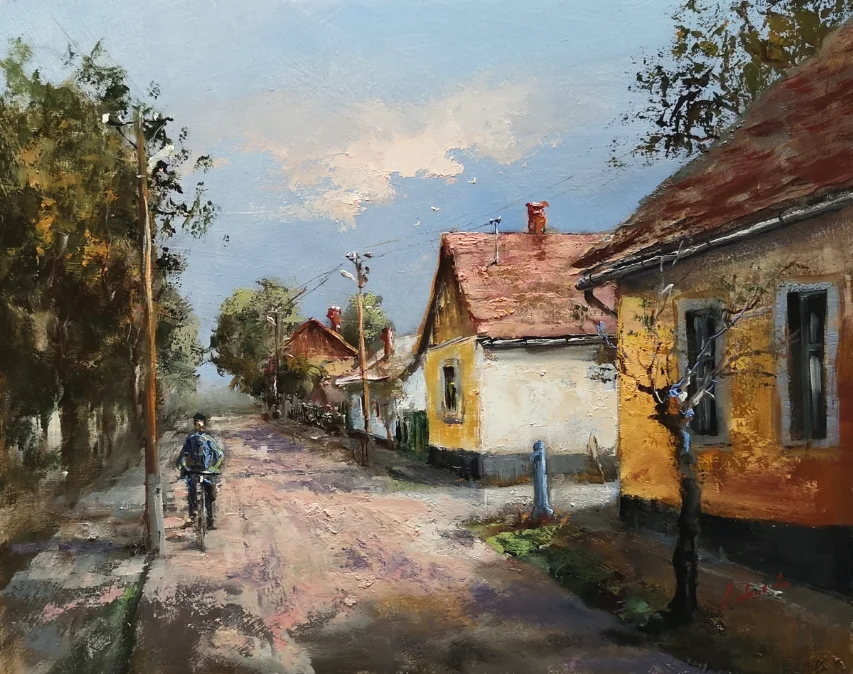 Szántó Lukács festőművész Bevezető út - kiskunsági falu 40x50 cm olajfestmény
